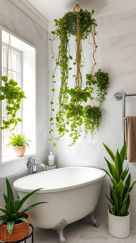 Bright and earthy bathroom filled with various greenery and plants.