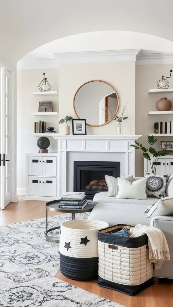 Stylish black and white storage baskets in a living room setting