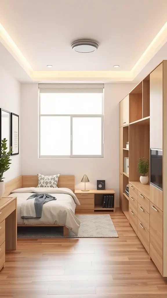 Modern Japandi style bedroom with functional wooden furniture, showcasing a cozy and efficient layout.