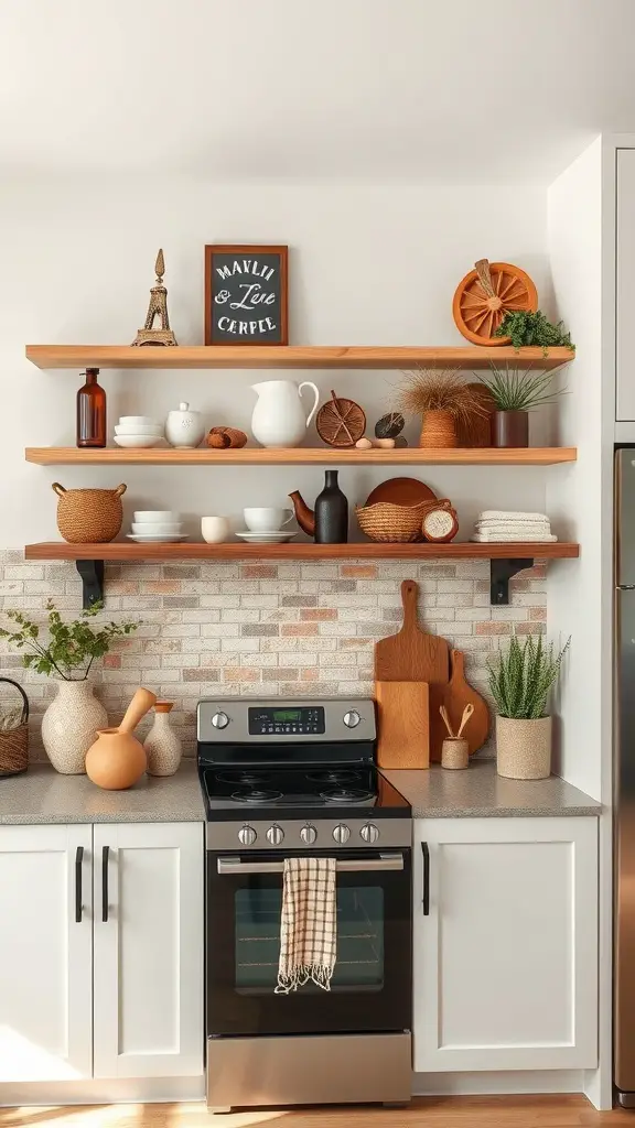 Open shelving in a kitchen featuring white cabinets and earthy decor items