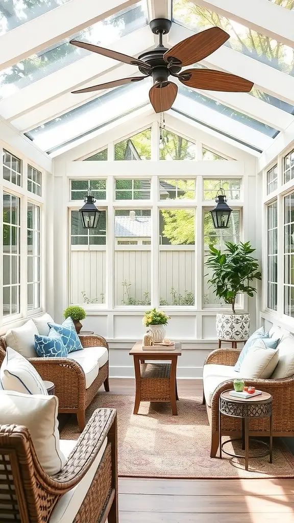 A bright and cozy sunroom featuring comfortable seating, plants, and a wooden coffee table.