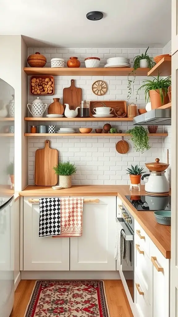 A stylish kitchen with wooden accents, open shelving, and modern lighting fixtures, showcasing a blend of decorative and functional elements.