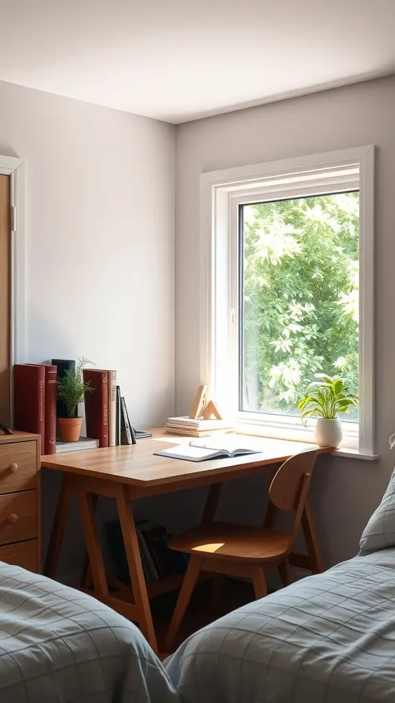 A functional study nook with a wooden desk, books, and a plant, next to a sunny window.