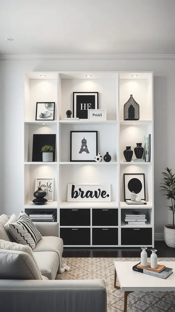 A modern white shelving unit displaying various decorative items and books in a minimalist living room setting.
