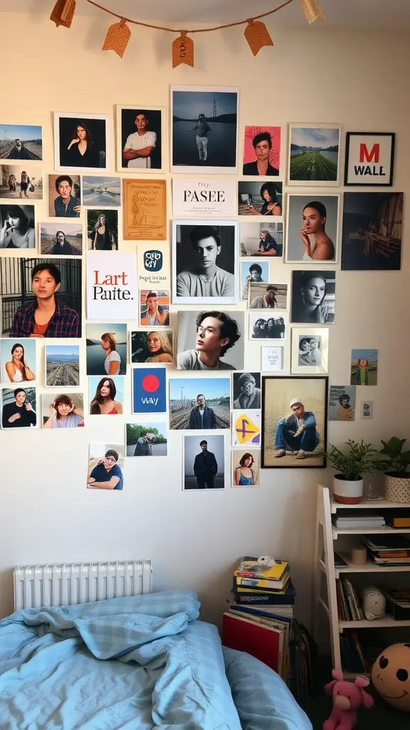 A wall filled with a variety of framed photos, portraits, and art pieces, showcasing a personalized gallery wall.