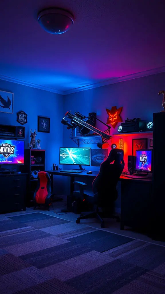 A stylish gaming room with blue and red lighting, featuring dual monitors, a red and black gaming chair, and organized gaming accessories.