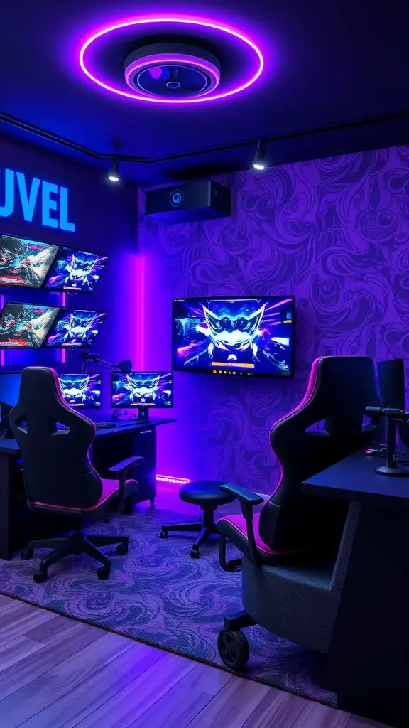 A modern gaming room with a multi-screen setup, featuring LED lighting and stylish gaming chairs.