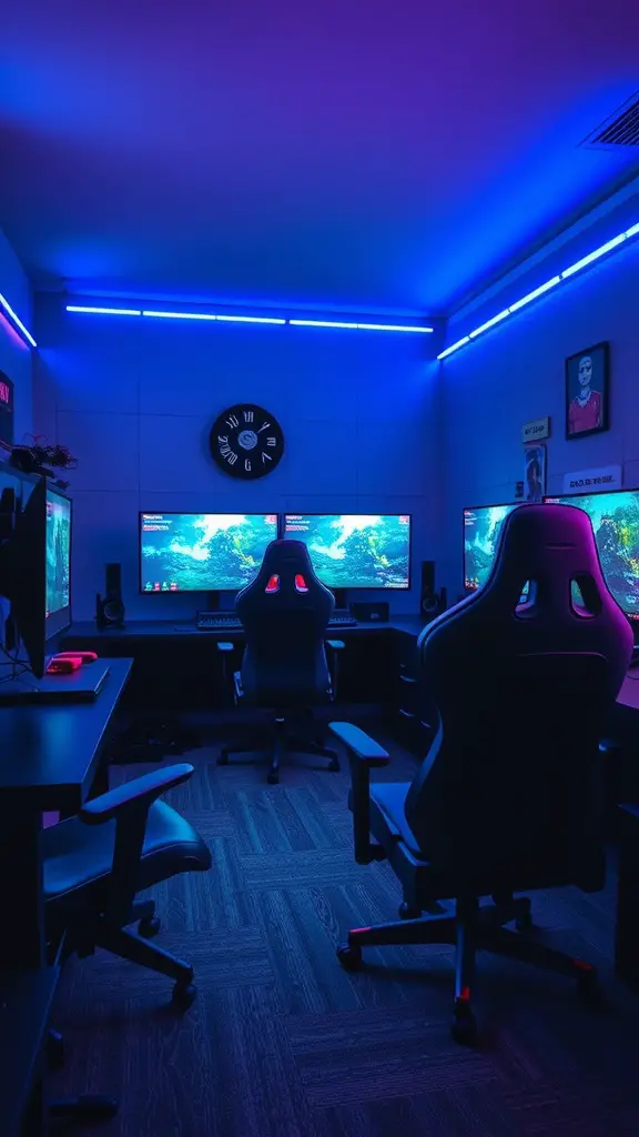 A stylish gaming zone featuring multiple monitors, gaming chairs, and LED lighting.