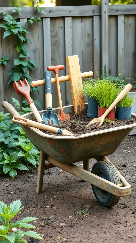 Garden wheelbarrow filled with soil, gardening tools, and small pots of grass, set in a backyard.