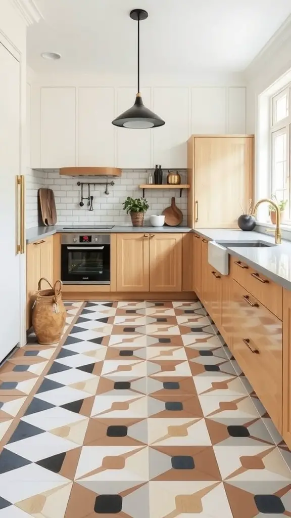 Kitchen with geometric tile flooring in red, white, beige, and navy blue.
