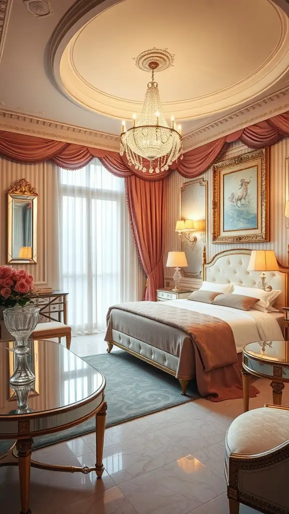 A glamorous bedroom with a chandelier, pink drapes, and elegant decor.