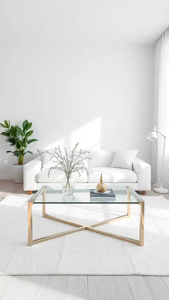 A minimalist living room featuring a glass coffee table with a metal base, a white sofa, and a potted plant.