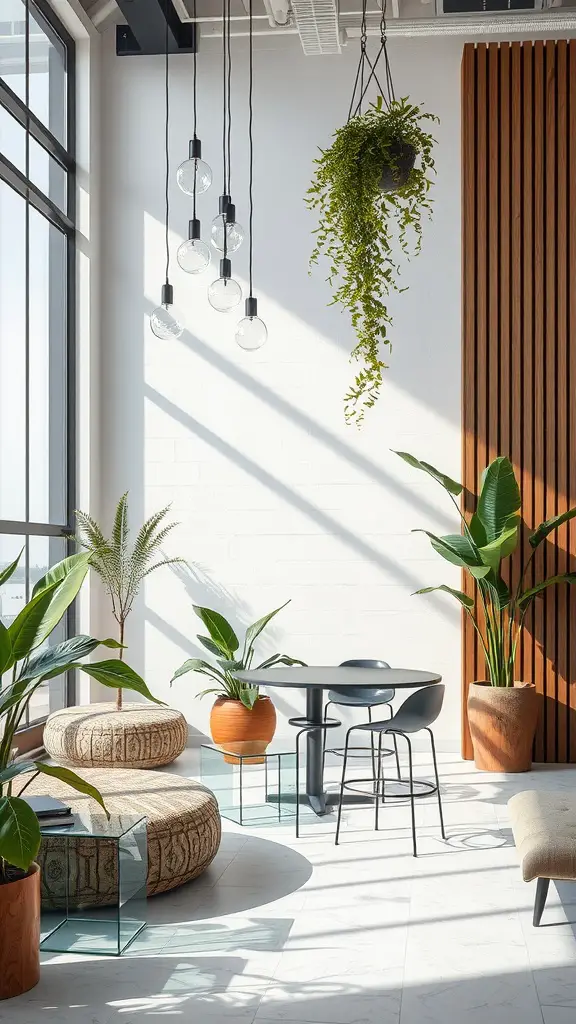 A bright, modern interior featuring plants, glass furniture, and pendant lighting.