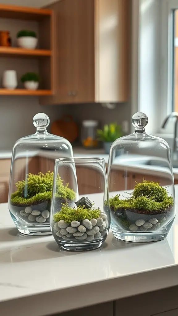 Three glass terrariums containing moss and pebbles, displayed on a kitchen countertop.