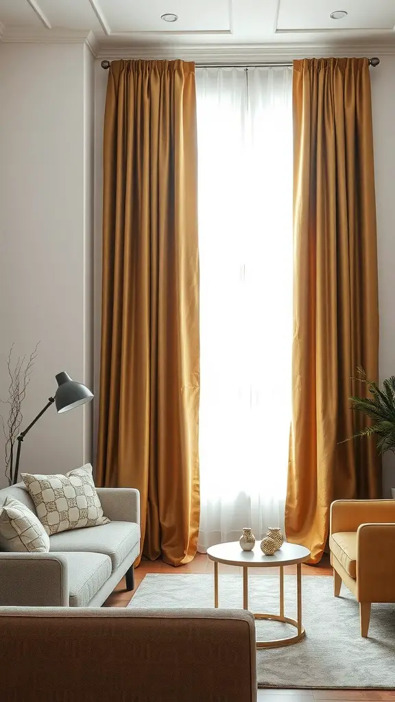 Living room with gold accented curtains, showcasing a cozy and elegant decor