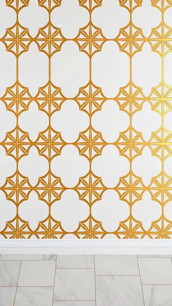 A gold and white patterned accent wall featuring geometric shapes.