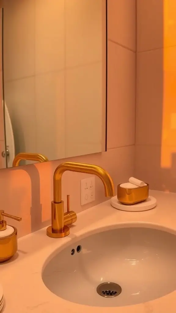 Stylish bathroom sink with golden fixtures and warm lighting