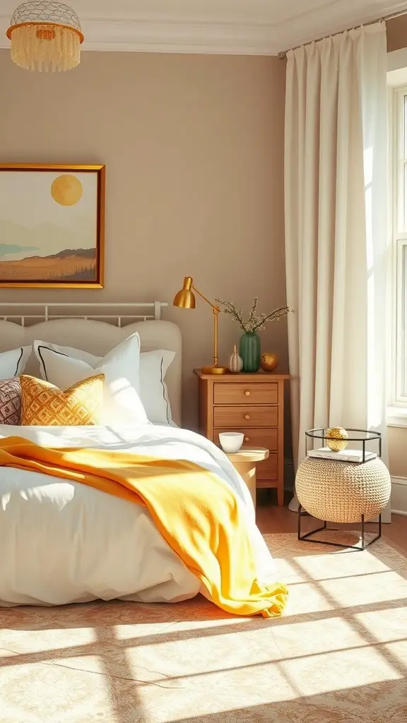 A bright bedroom featuring golden citrine accents with a cozy bed and warm lighting.