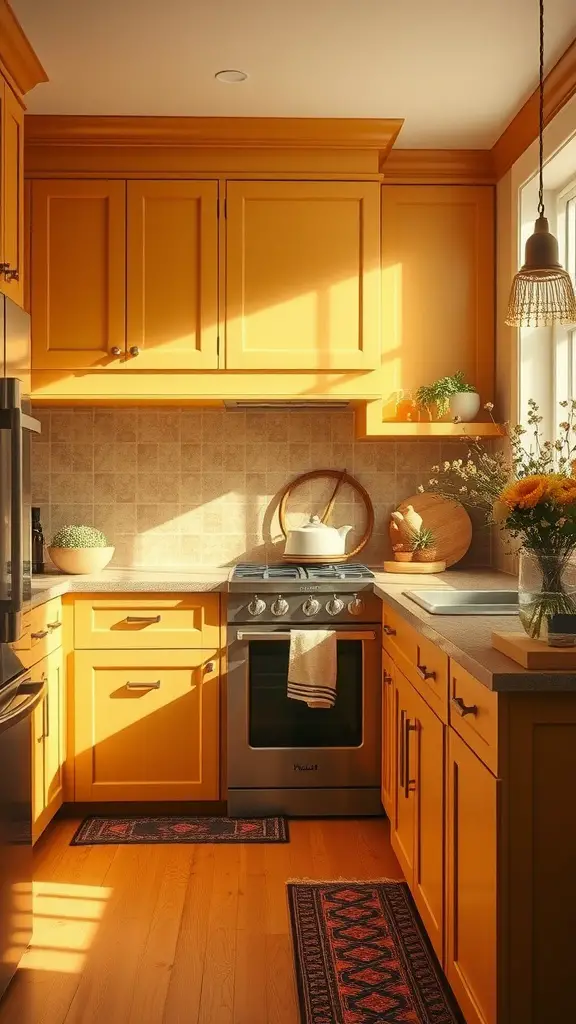 A warm, inviting kitchen with golden honey hues in cabinetry and decor