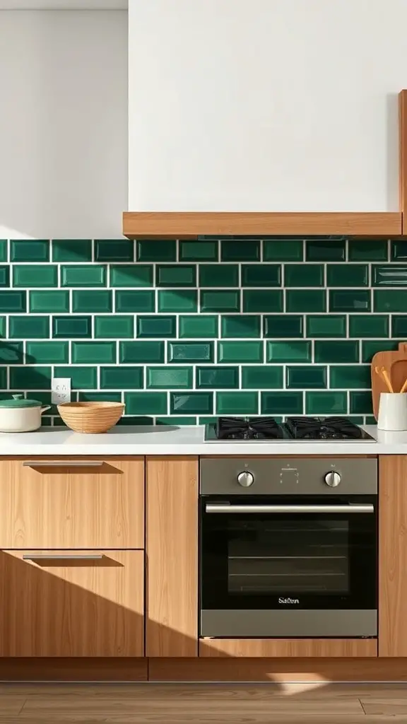 A modern kitchen featuring green glazed tiles as a backsplash, wooden cabinets, and a sleek stove.