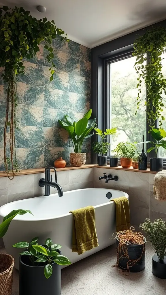 A stylish bathroom with white tiles, various green plants, and black decor elements.