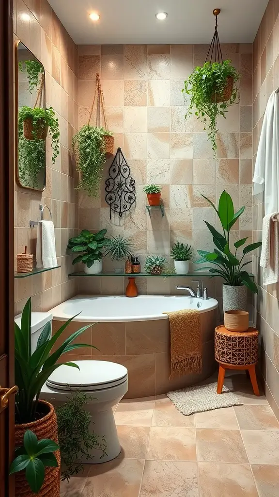 A stylish bathroom featuring earthy tiles, plants, and natural decor.