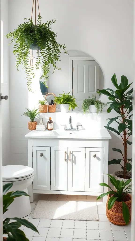 A bright bathroom featuring a white vanity with various indoor plants, including hanging ferns and potted succulents, creating a fresh and inviting atmosphere.