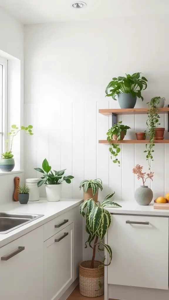 A cozy kitchen filled with various indoor plants, showcasing a mix of hanging and potted greenery.