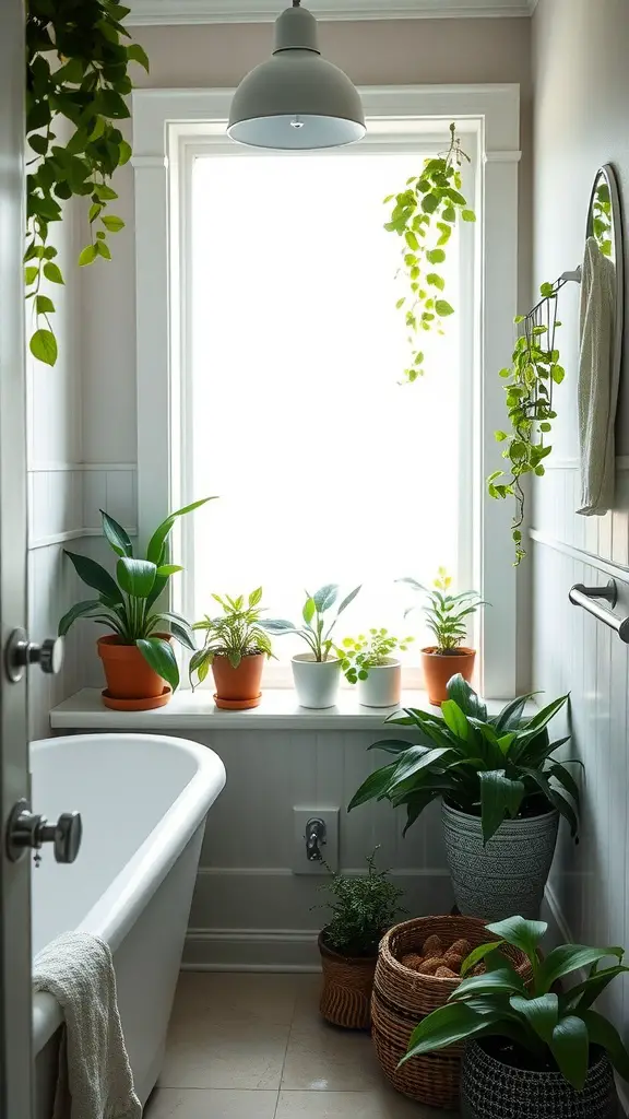 A bathroom featuring a bathtub, a large window with various potted plants, and warm earthy tones.