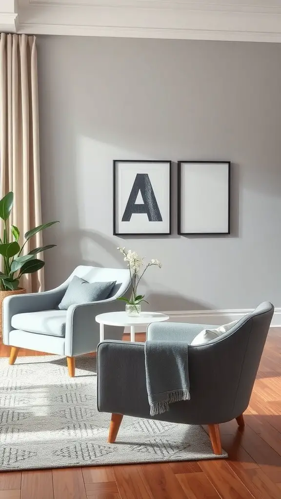 A cozy living room featuring grey accent chairs and a white side table with a plant in the background.