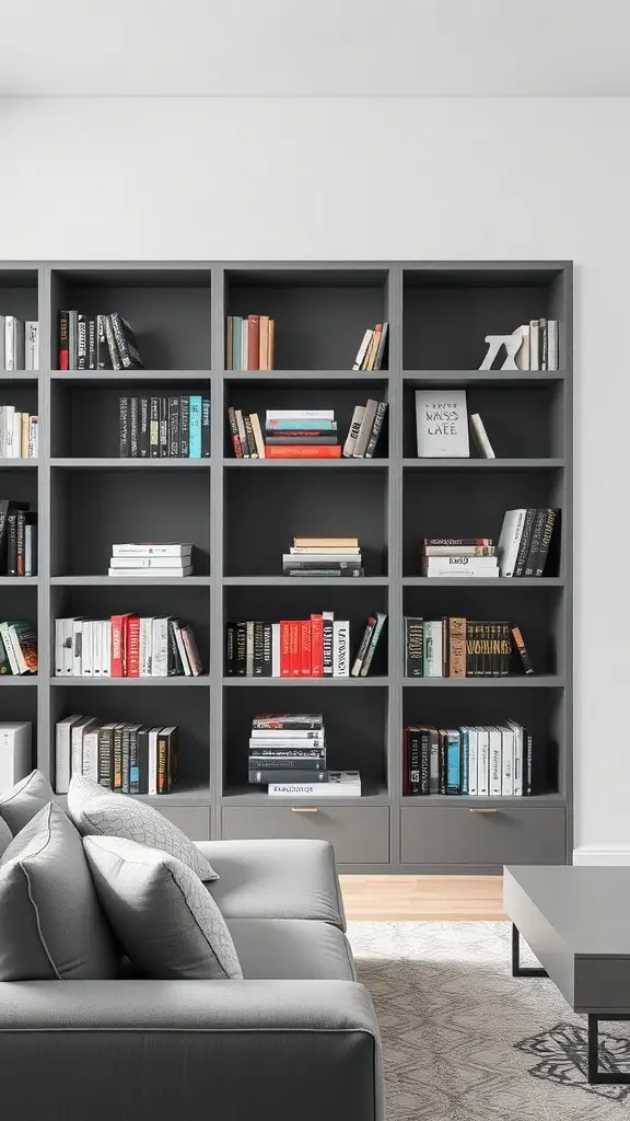 Stylish grey bookshelves filled with books and white bookends