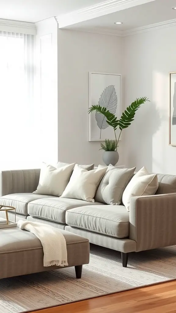 A stylish grey sectional sofa with white pillows in a bright living room setting.