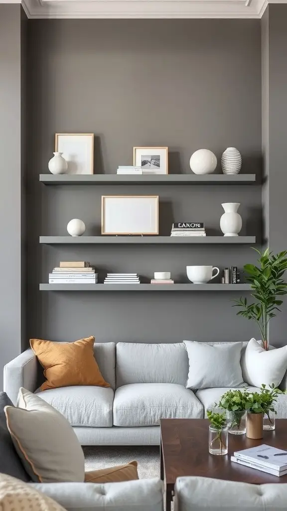 Stylish living room featuring grey wall shelves filled with white decor pieces.