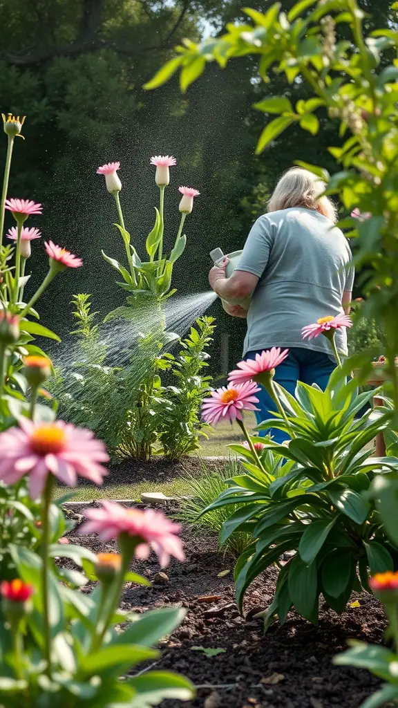 Person watering pink flowers in a garden