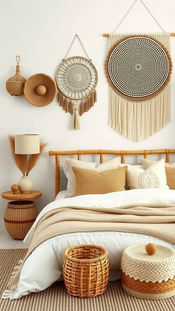 A cozy bedroom with handcrafted accessories, featuring woven wall art, decorative pillows, and baskets.