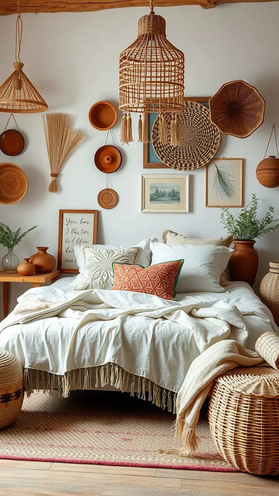 A cozy bedroom featuring handcrafted artisanal decor, with woven light fixtures, decorative plates, and textured textiles.