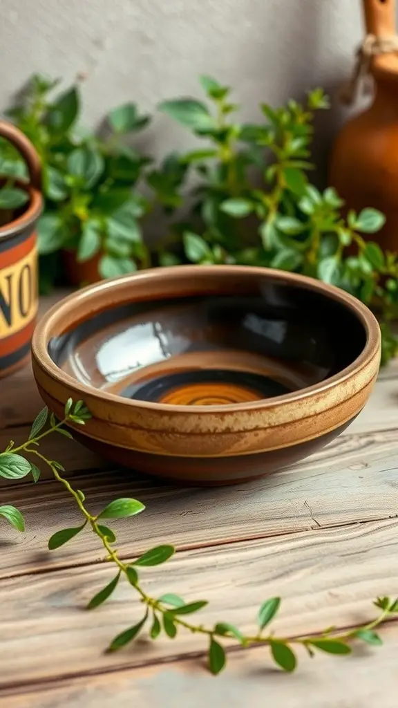 Handcrafted ceramic basin in earthy tones surrounded by greenery.