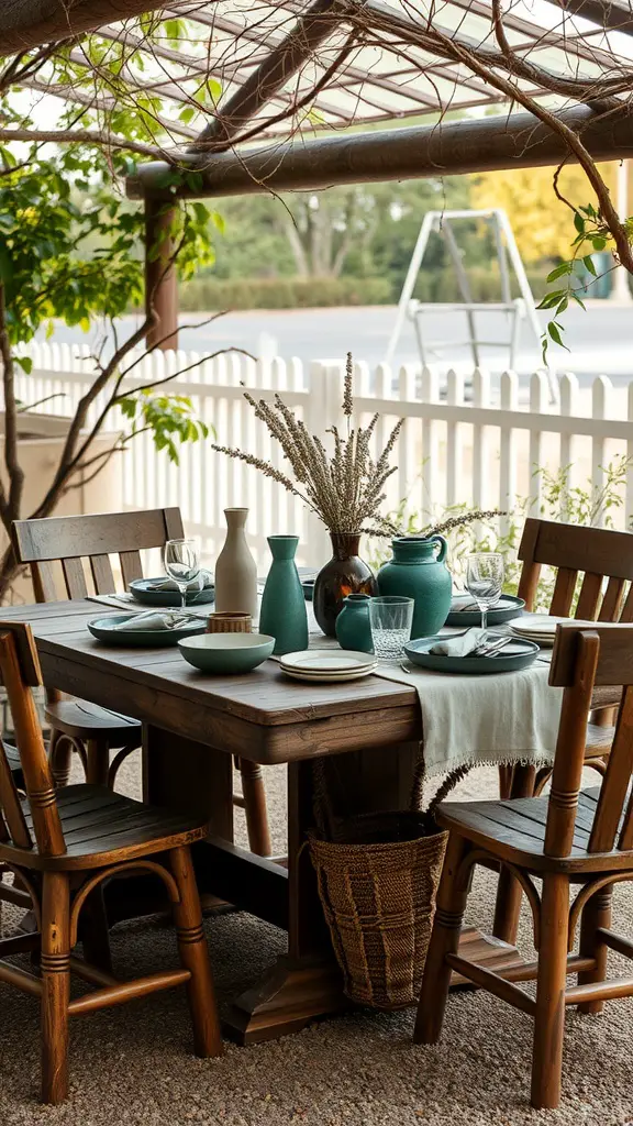 An outdoor dining setup featuring a wooden table with handcrafted ceramics and pottery, surrounded by greenery