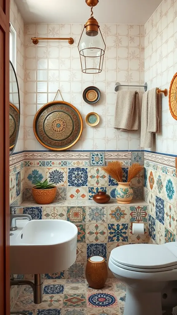 A bathroom with colorful handcrafted ceramics, showcasing vibrant tiles and decorative wall plates.
