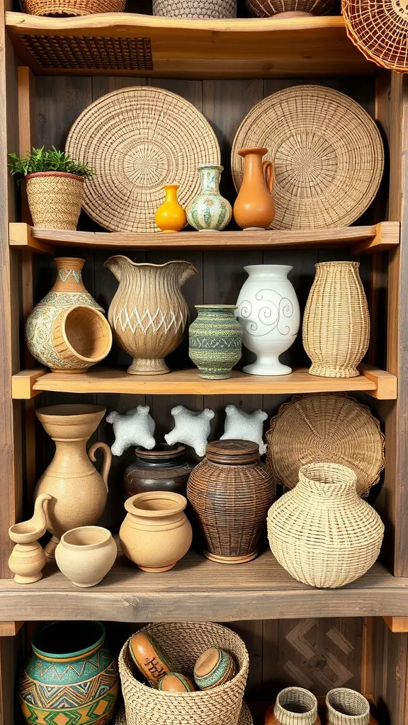 A wooden shelf displaying various handcrafted pottery and woven baskets, showcasing earthy tones and textures.