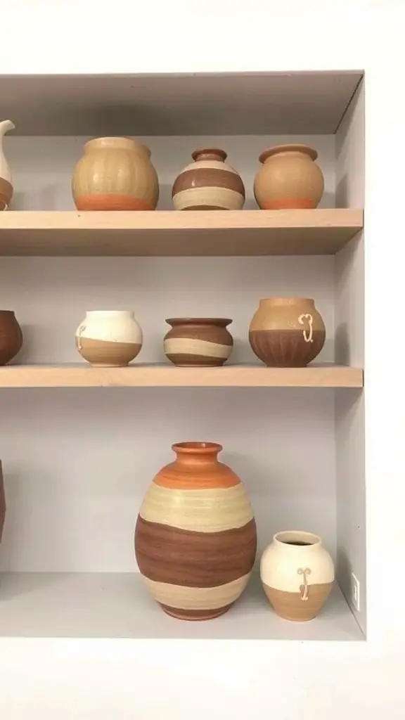 A wooden shelf displaying various handcrafted pottery pieces in different shapes and colors.