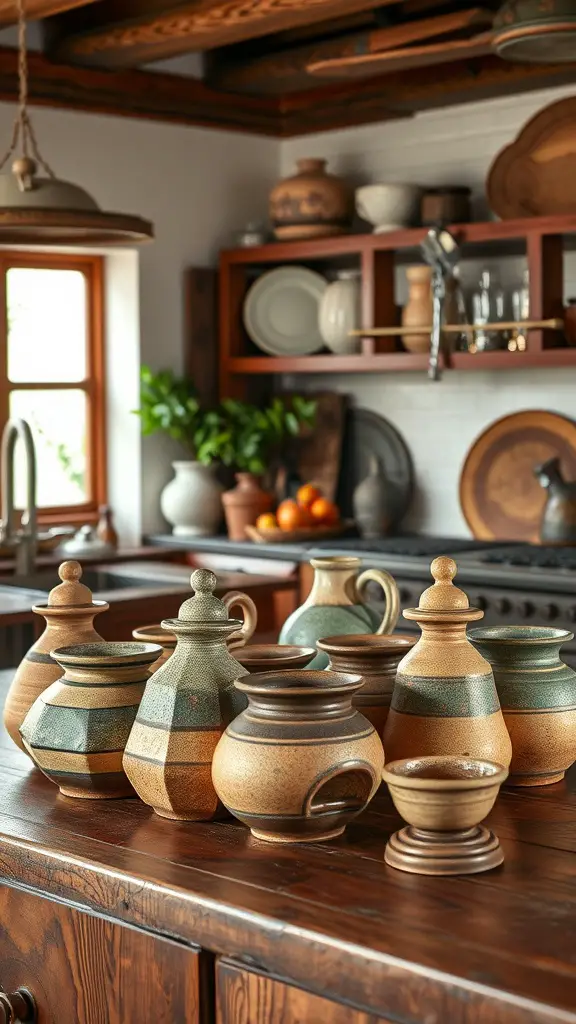 A collection of handcrafted pottery displayed on wooden shelves, featuring various shapes and colors.