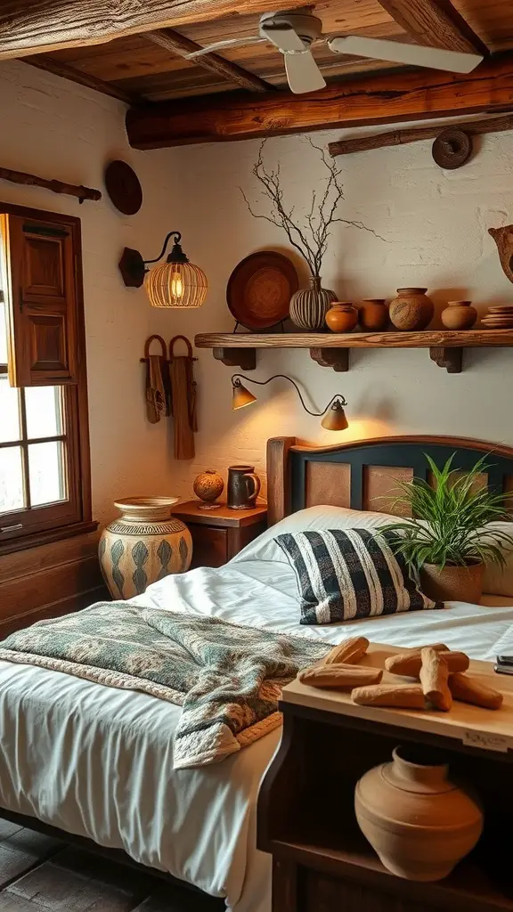A cozy bedroom featuring handcrafted pottery pieces on a plaid blanket and shelves.