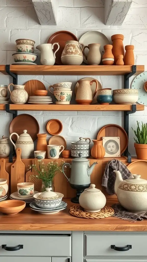 A cozy kitchen featuring handcrafted pottery and dinnerware displayed on wooden shelves.