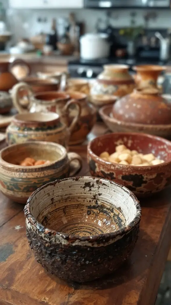 A collection of handcrafted pottery and dishes on wooden shelves, showcasing a variety of styles and colors.