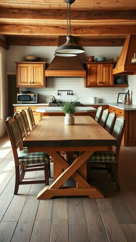 A rustic kitchen with handcrafted wooden furniture, featuring a large wooden table and plaid cushioned chairs.