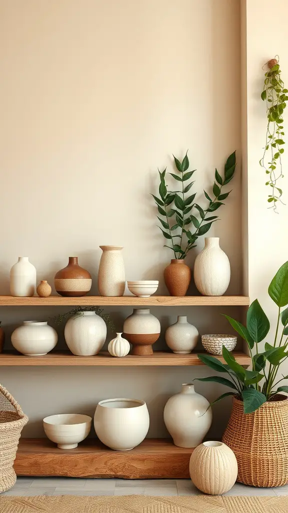 A collection of handmade ceramics on wooden shelves, featuring a variety of colors and textures, accompanied by green plants.