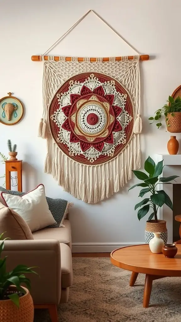 A beautiful handmade crochet wall hanging with a circular design featuring earthy tones, displayed in a cozy living room.