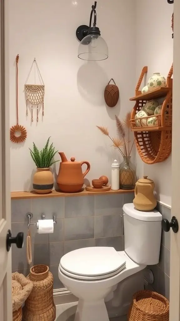 A cozy Jack and Jill bathroom featuring handmade pottery and artisanal decor.
