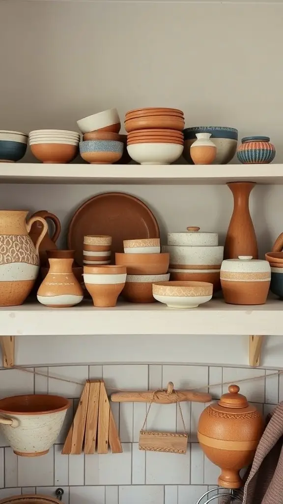 A collection of handmade pottery and ceramics on shelves, featuring terracotta and other earthy tones.